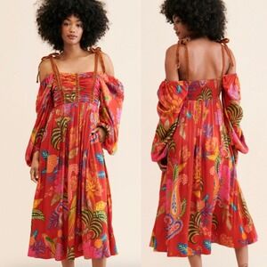 Farm Rio Pink Orange Tropical‎ Midi Dress Bohemian Flowy Resort Women's Medium